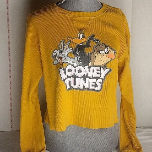 Looney Tunes Mustard Waffle Crop Top Shirt Size Large Like New Bugs Bunny Daffy, - Picture 2 of 5